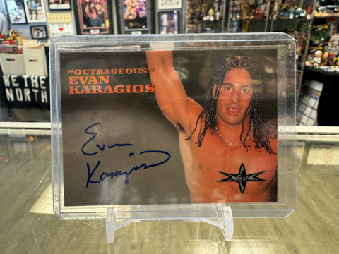 rare wcw cards 1999 Topps WCW/nWo Outrageous Evan Karagias (Karagios) Autographed Car – First Row Collectibles