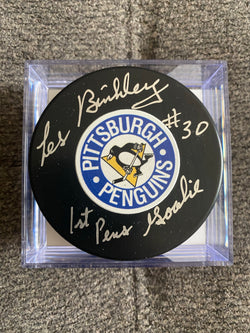 Les Binkley signed Pittsburgh Penguins Hockey Puck - First Row Collectibles