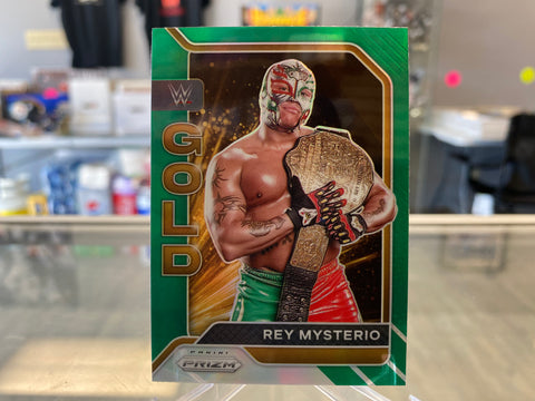 2022 Panini Prizm WWE Rey Mysterio Jr Gold Insert Green Prizm Parallel Debut